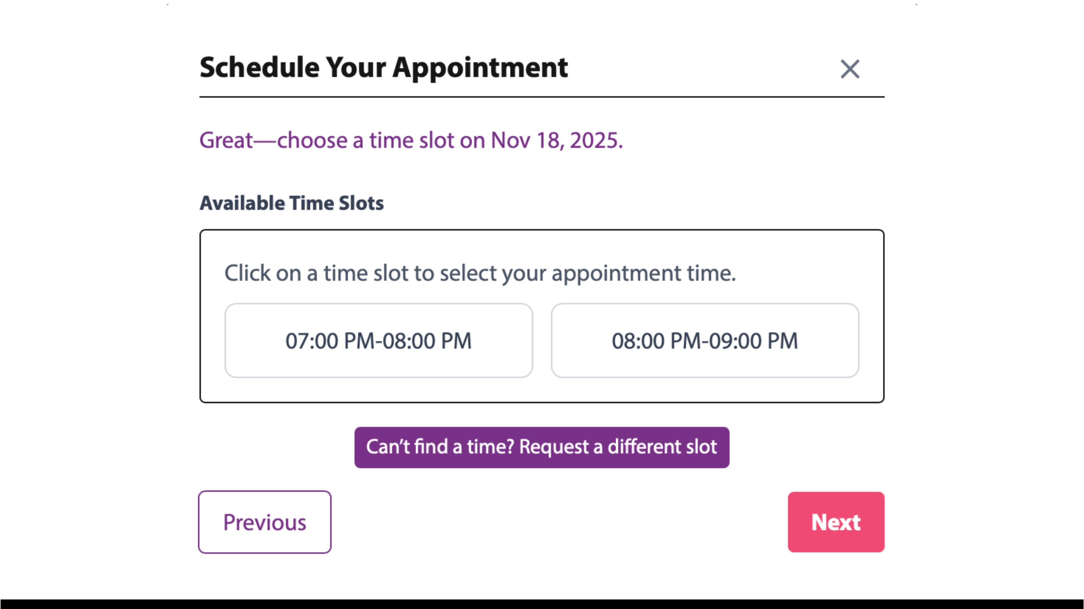 Booking wizard showing date and available timeslots.