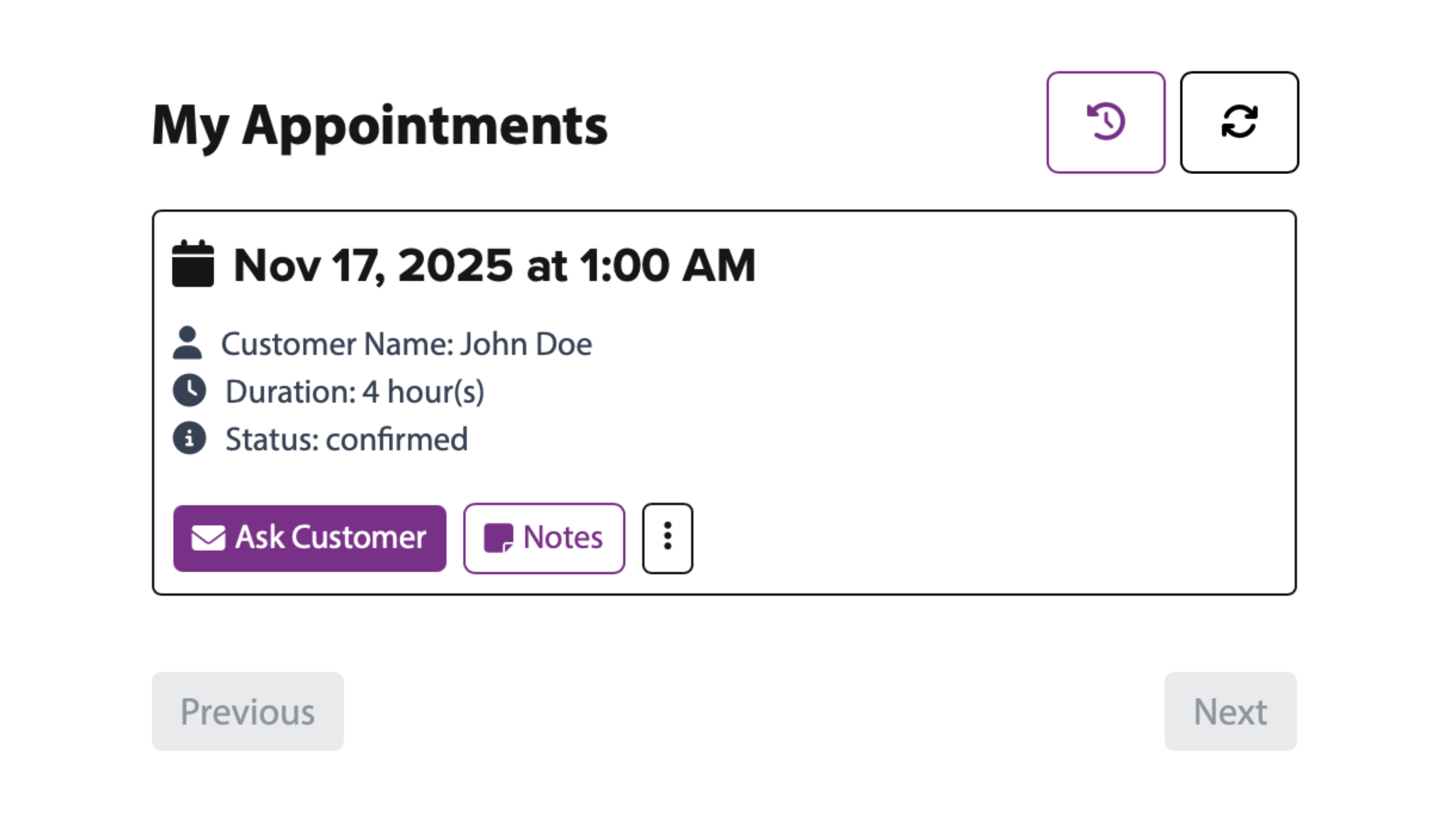 Client dashboard showing upcoming appointments and recent activity.