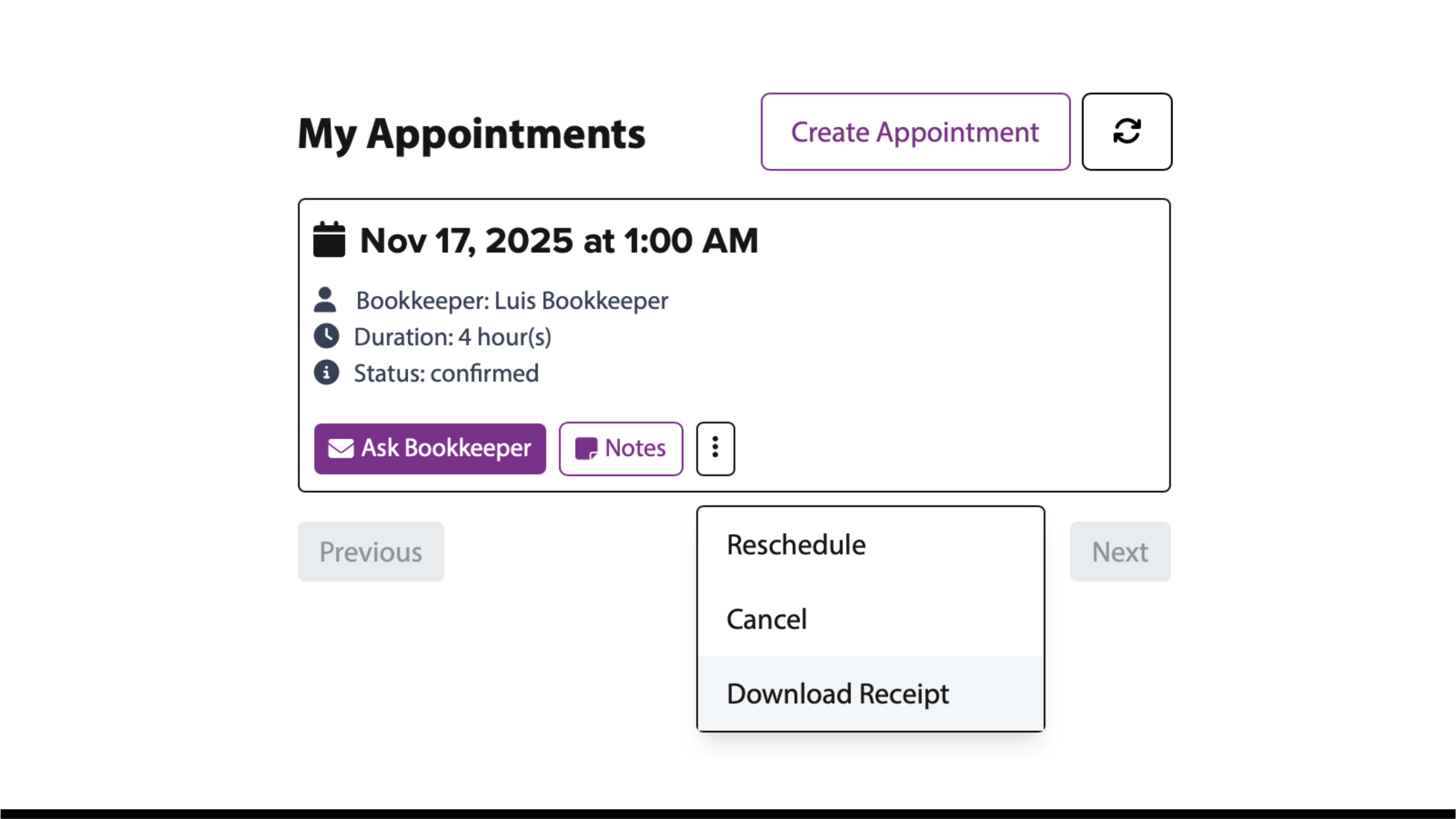 Appointment actions menu highlighting Download Receipt option.