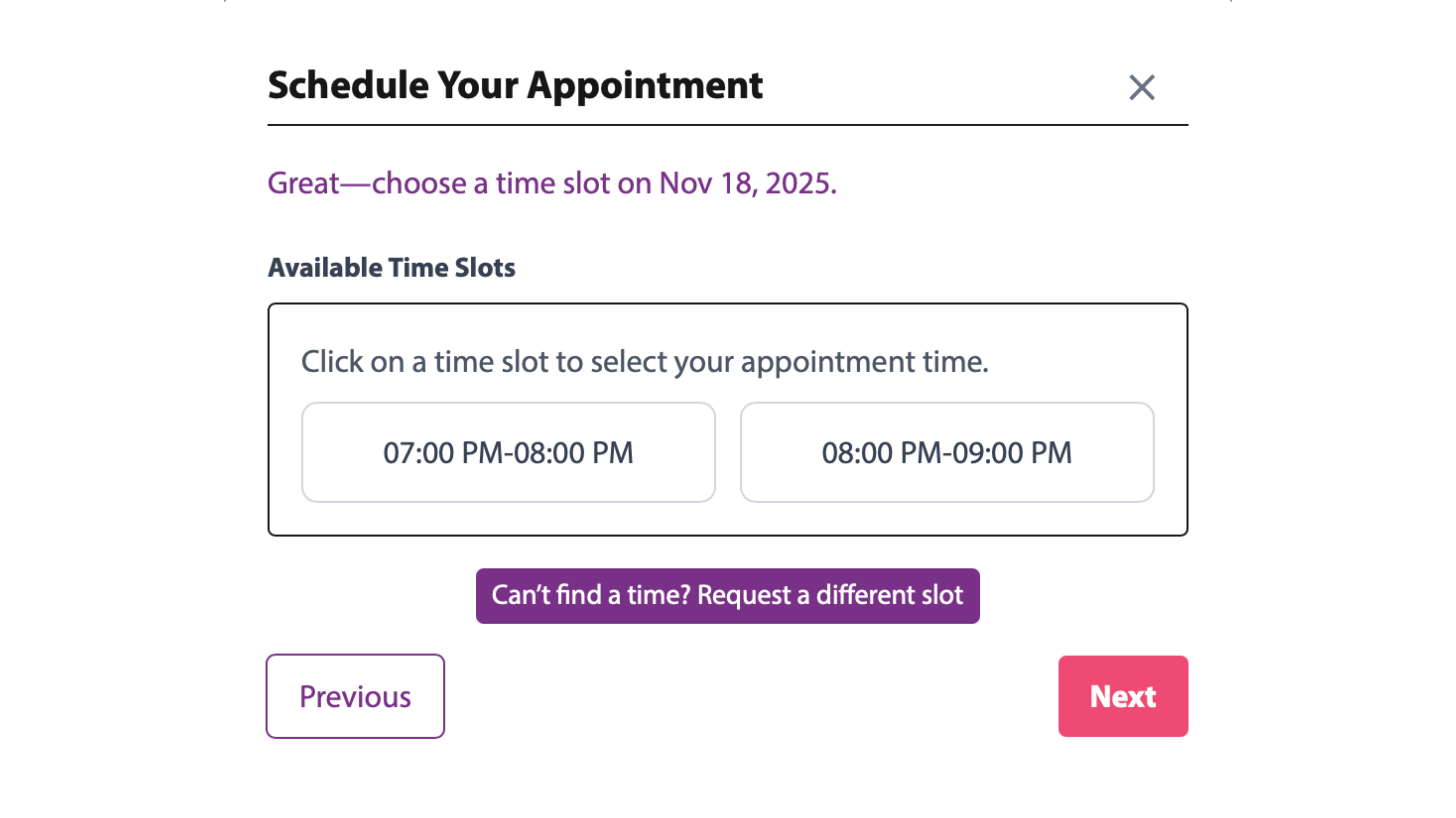 Booking wizard — select date and available timeslots.