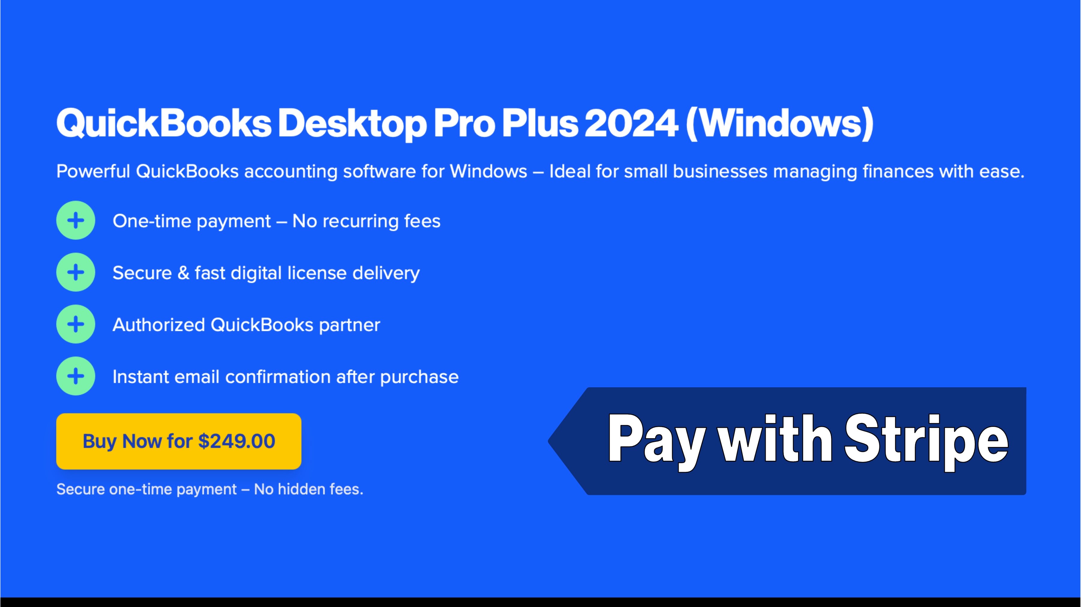 QuickBooks Desktop license product page with Stripe checkout.